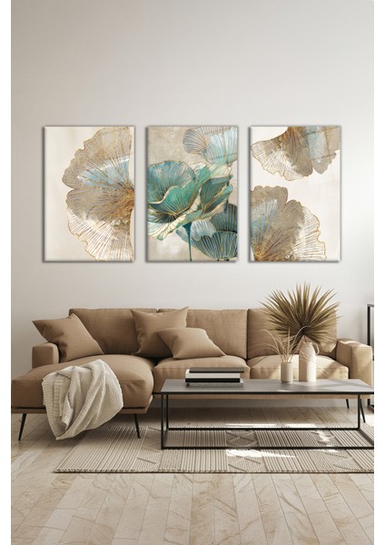 Gold Altın Detaylı Turkuazlı Kombin 3 Parça Set Cam Tablo, Ev ve Ofis Duvar Dekoru, Lüks Hediyelik modelleri