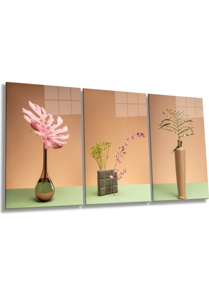Vazo Içerisinde Zarif Çiçekler 3 Parça Set Cam Tablo, Ev ve Ofis Duvar Dekoru, Lüks Hediyelik