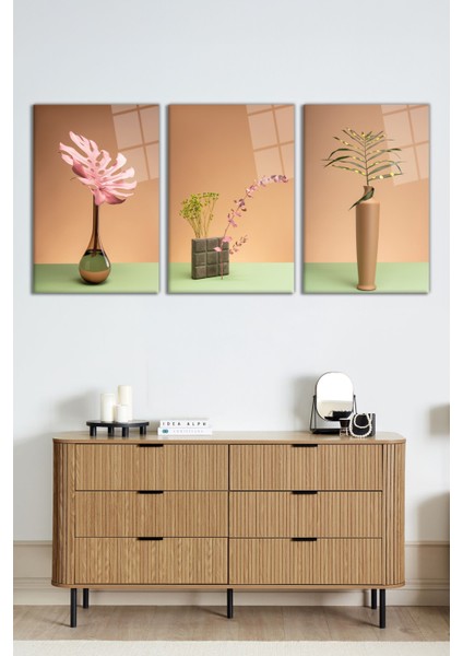 Vazo Içerisinde Zarif Çiçekler 3 Parça Set Cam Tablo, Ev ve Ofis Duvar Dekoru, Lüks Hediyelik fiyatları