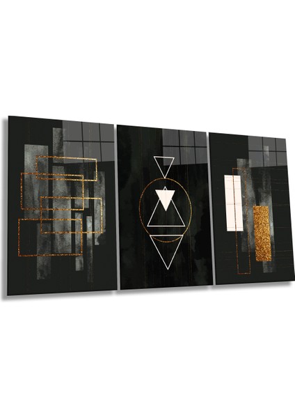 Modern Geometrik Çizgiler 3 Parça Set Cam Tablo, Ev ve Ofis Duvar Dekoru, Lüks Hediyelik