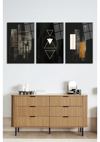 Modern Geometrik Çizgiler 3 Parça Set Cam Tablo, Ev ve Ofis Duvar Dekoru, Lüks Hediyelik fiyatları