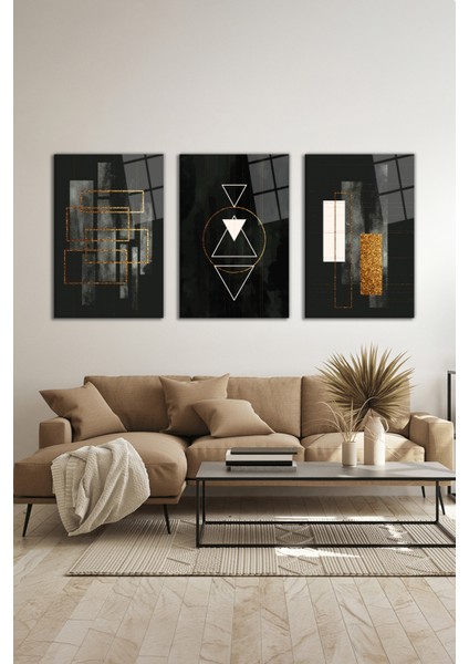 Modern Geometrik Çizgiler 3 Parça Set Cam Tablo, Ev ve Ofis Duvar Dekoru, Lüks Hediyelik modelleri