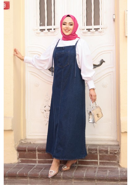 Lacivert Tesettür Kot Salopet Elbise 19014L
