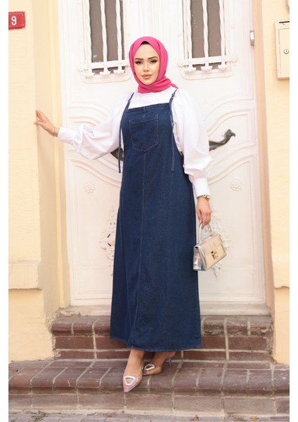 Lacivert Tesettür Kot Salopet Elbise 19014L fiyatları