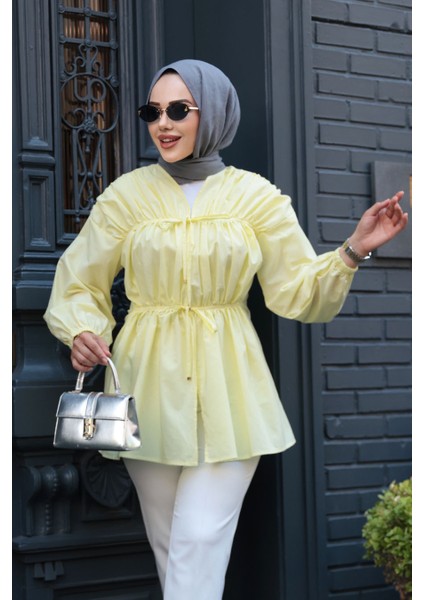 Büzgü Detaylı Sarı Tesettür Tunik 101042SR