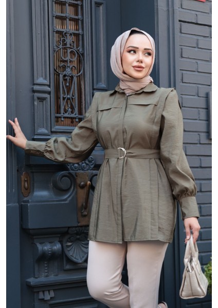 Düğmeli Haki Tesettür Gömlek 19028HK fiyatları