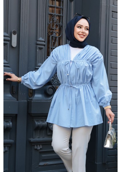 Büzgü Detaylı Bebek Mavisi Tesettür Tunik 101042BM