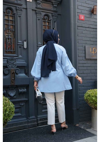 Büzgü Detaylı Bebek Mavisi Tesettür Tunik 101042BM fiyatları