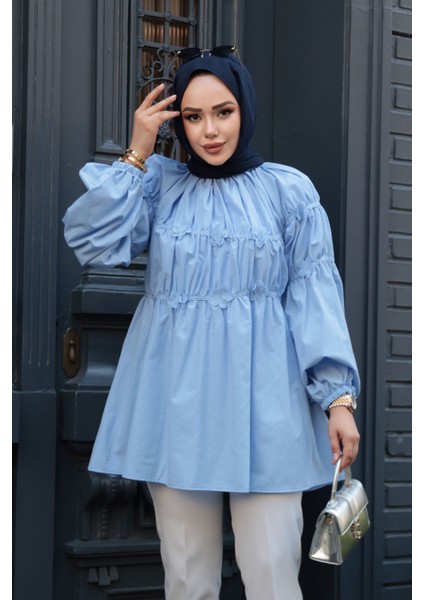 Büzgü Detaylı Bebek Mavisi Tesettür Tunik 101033BM
