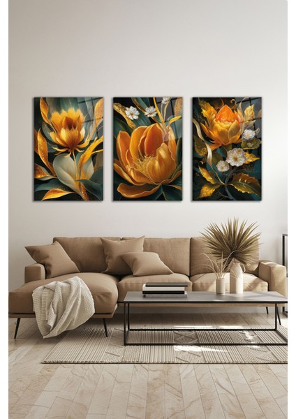 Turuncu Gold Altın Çiçek Kombin 3 Parça Set Cam Tablo, Ev ve Ofis Duvar Dekoru, Lüks Hediyelik modelleri