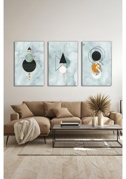 Modern Geometrik Çizimler Kombin 3 Parça Set Cam Tablo, Ev ve Ofis Duvar Dekoru, Lüks Hediyelik modelleri
