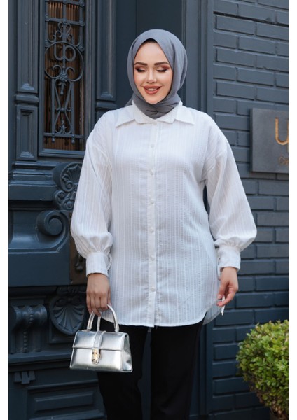 Çizgili Ekru Tesettür Tunik 101016E