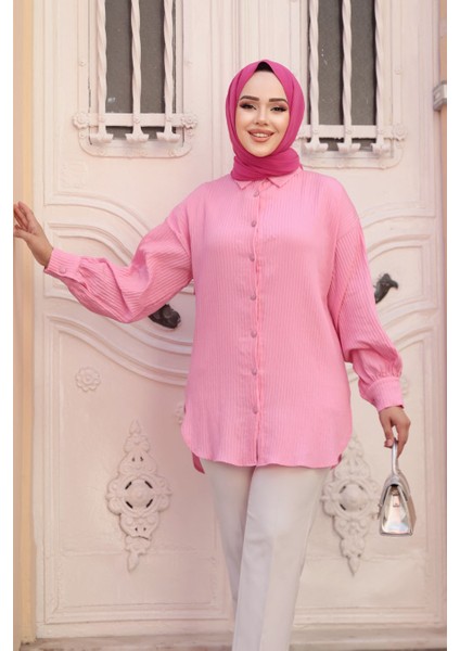 Çizgili Pembe Tesettür Tunik 101024P