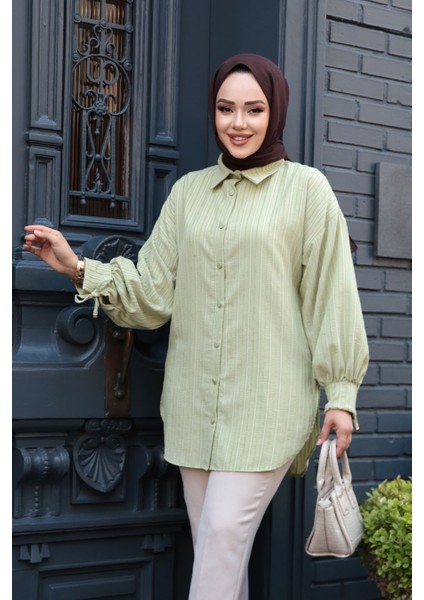Çizgili Çağla Yeşili Tesettür Tunik 101016CY