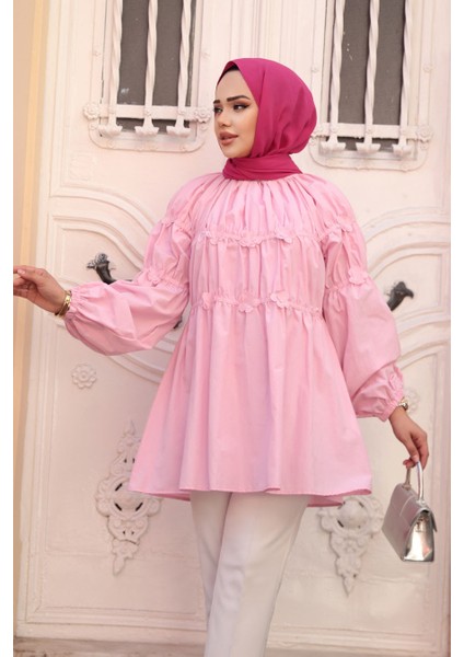 Büzgü Detaylı Pembe Tesettür Tunik 101033P