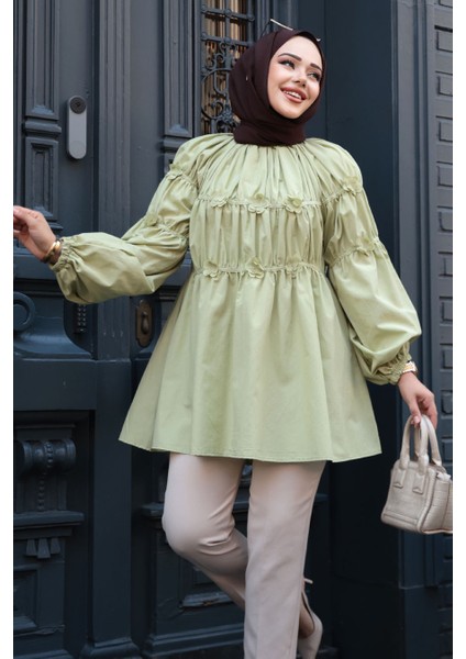 Büzgü Detaylı Çağla Yeşili Tesettür Tunik 101033CY