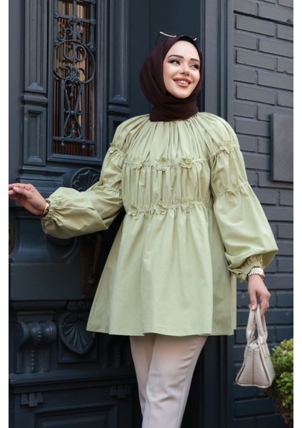 Büzgü Detaylı Çağla Yeşili Tesettür Tunik 101033CY fiyatları