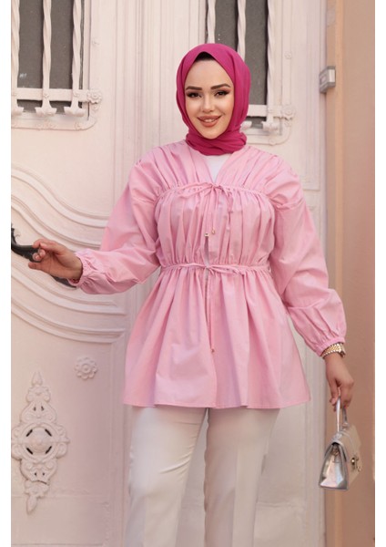 Büzgü Detaylı Pembe Tesettür Tunik 101042P