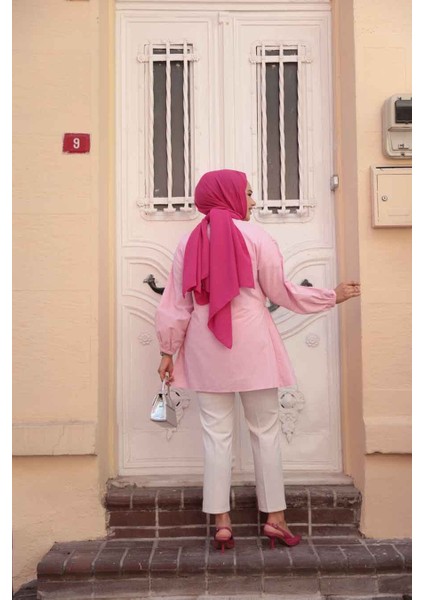 Büzgü Detaylı Pembe Tesettür Tunik 101042P modelleri