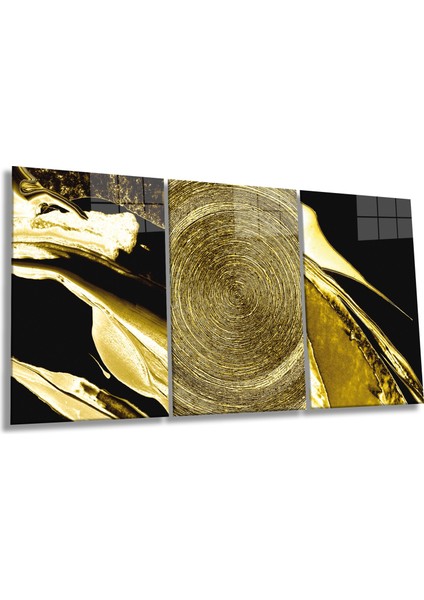 Siyah Fon Soyut Gold Altın 3 Parça Set Cam Tablo, Ev ve Ofis Duvar Dekoru, Lüks Hediyelik