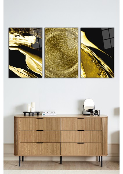 Siyah Fon Soyut Gold Altın 3 Parça Set Cam Tablo, Ev ve Ofis Duvar Dekoru, Lüks Hediyelik fiyatları
