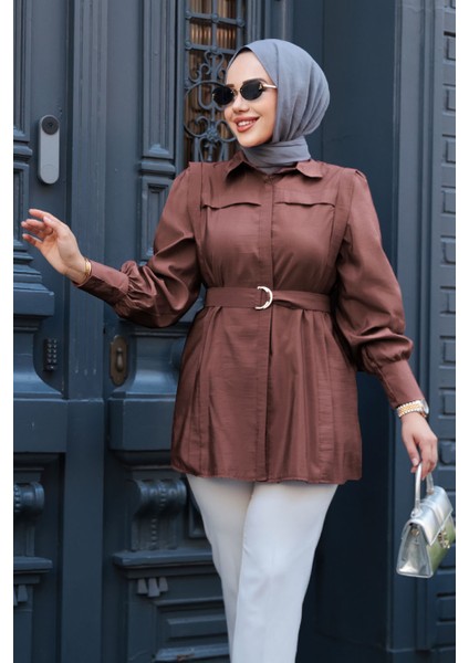 Düğmeli Kahverengi Tesettür Gömlek 19028KH