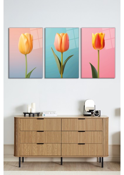 Çok Renkli Laleler Kombini 3 Parça Set Cam Tablo, Ev ve Ofis Duvar Dekoru, Lüks Hediyelik fiyatları