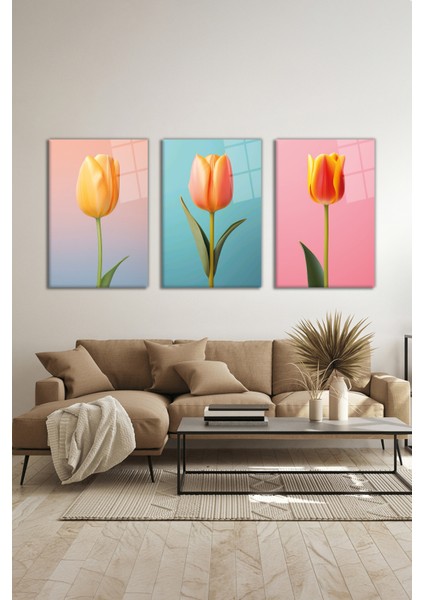 Çok Renkli Laleler Kombini 3 Parça Set Cam Tablo, Ev ve Ofis Duvar Dekoru, Lüks Hediyelik modelleri