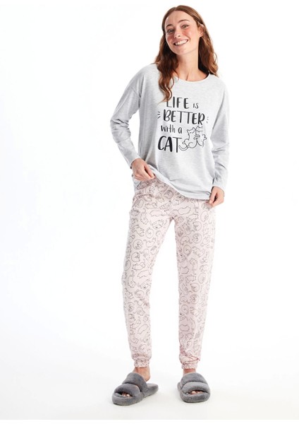 Lcw Dream Pembe Bisiklet Yaka Baskılı Uzun Kollu Kadın Pijama Takımı