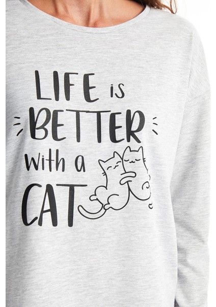 Lcw Dream Pembe Bisiklet Yaka Baskılı Uzun Kollu Kadın Pijama Takımı modelleri