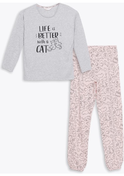 Lcw Dream Pembe Bisiklet Yaka Baskılı Uzun Kollu Kadın Pijama Takımı indirimleri