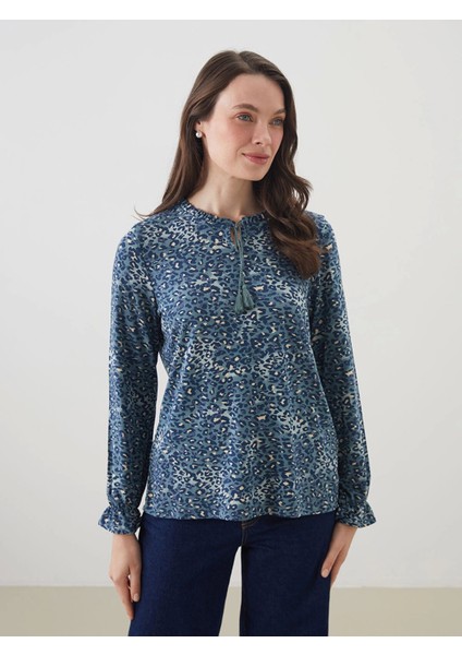 Lcw Grace Mavi Bağlamalı Yaka Etnik Desenli Bluz