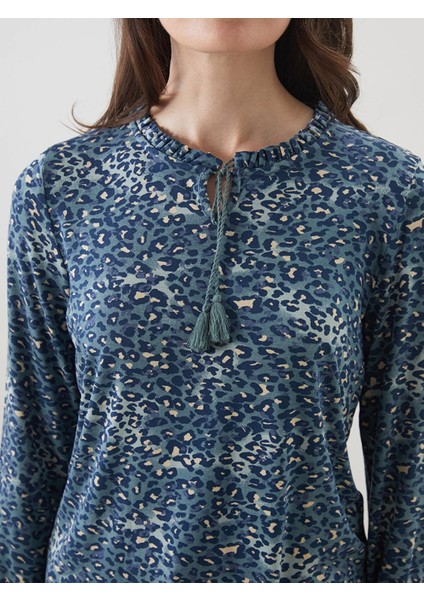 Lcw Grace Mavi Bağlamalı Yaka Etnik Desenli Bluz modelleri