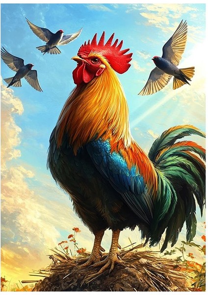 Horoz ve Kuşlar Ahşap Tablo