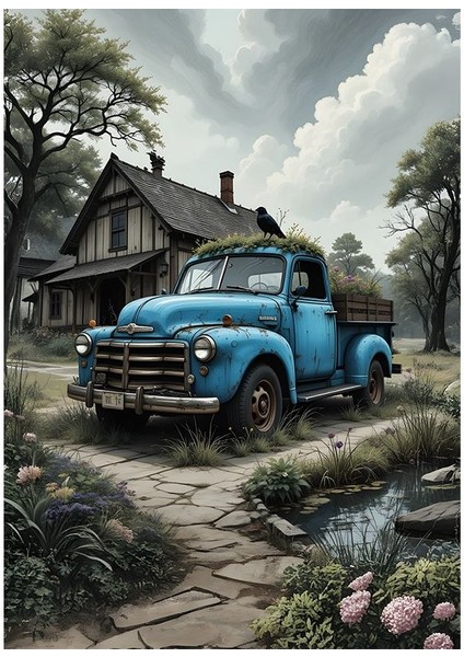 Mavi Pikap ve Kulübe Ahşap Tablo