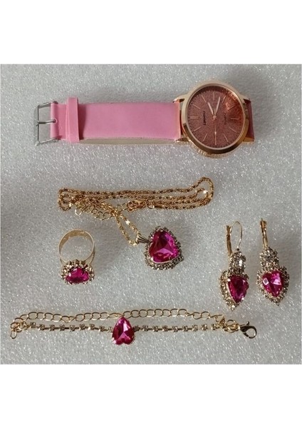 ( 6 x Parça ) Tıme Rose Red Saat + Kalp Kupe +Kolye + Bileklik + Yüzük Takı Seti Gül Kırmızısı