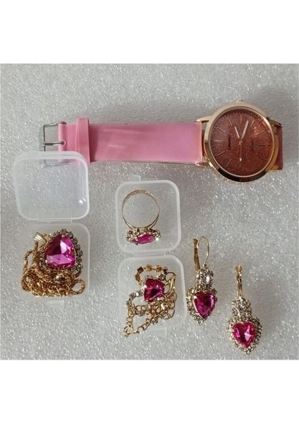 ( 6 x Parça ) Tıme Rose Red Saat + Kalp Kupe +Kolye + Bileklik + Yüzük Takı Seti Gül Kırmızısı fiyatları