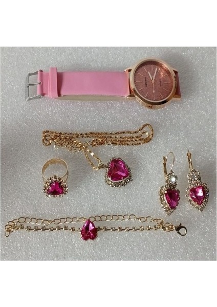 ( 6 x Parça ) Tıme Rose Red Saat + Kalp Kupe +Kolye + Bileklik + Yüzük Takı Seti Gül Kırmızısı modelleri