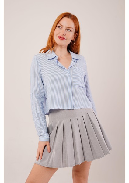 Tek Cep Çizgili Mavi Kısa Gömlek