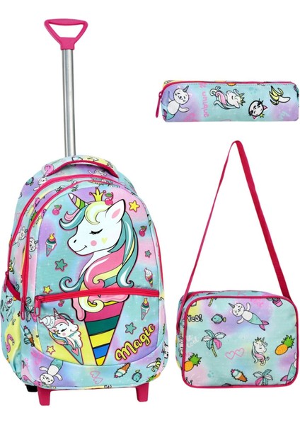 Çekçekli 3'lü Okul Seti, Unicorn Desenli Ilkokul Çantası + Beslenme Çantası + Kalemlik