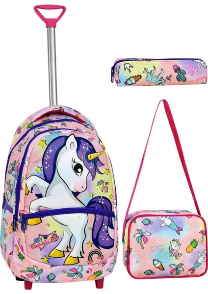 Çekçekli 3'lü Okul Seti, Unicorn Desenli Ilkokul Çantası + Beslenme Çantası + Kalemlik