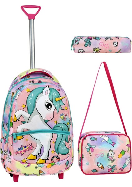 Çekçekli 3'lü Okul Seti, Unicorn Desenli Ilkokul Çantası + Beslenme Çantası + Kalemlik
