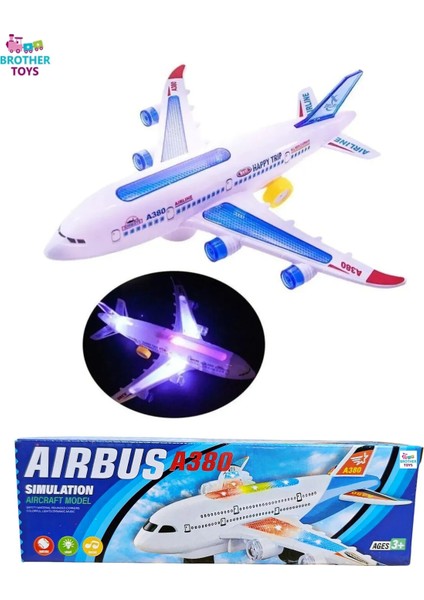 Hareketli Pilli 3D Işıklı Müzikli Yerde Gezen Airbus Uçak Oyuncak 23 Cm.