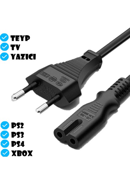 Teyp Radyo Yazıcı Elektrik Power Güç Kablosu Fişi Ps2/3/4 2 Pin C7 (1.5 Metre)