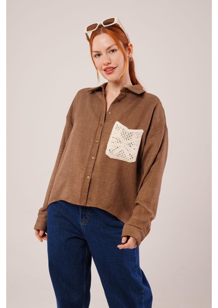 Etnik Cep Detaylı Kahverengi Gömlek