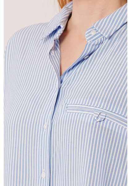 Cep Detay Çizgili Oversize Mavi Gömlek modelleri