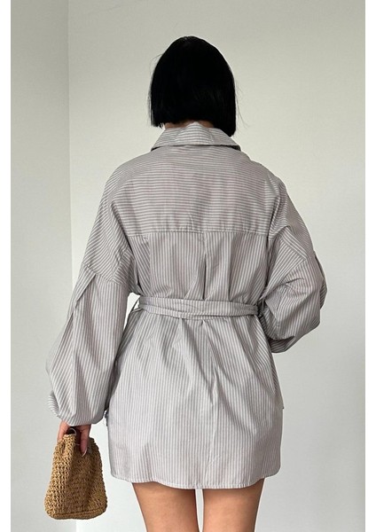 Kahverengi Çizgili Poplin Kuşaklı Gömlek fiyatları