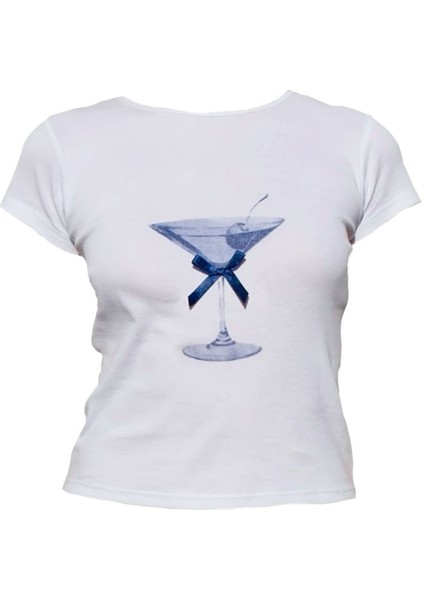 Mavi Martini ve Kurdele Desenli Kısa Kollu Organik Pamuklu Bisiklet Yaka