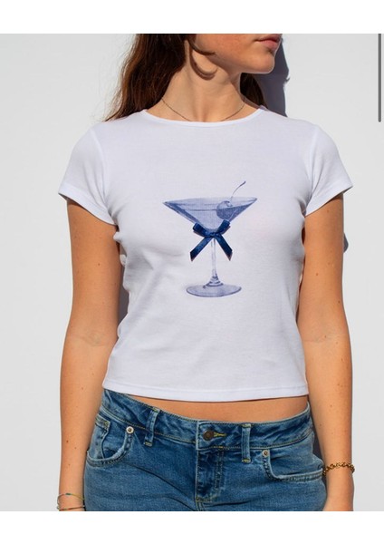 Mavi Martini ve Kurdele Desenli Kısa Kollu Organik Pamuklu Bisiklet Yaka modelleri