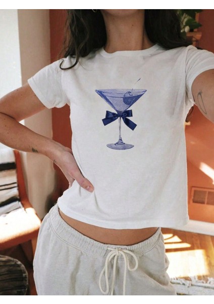 Mavi Martini ve Kurdele Desenli Kısa Kollu Organik Pamuklu Bisiklet Yaka indirimleri